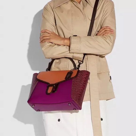 100% Authentic Coach Courier Pink Hibiscus Pewter Carryall Snakeskin Purse Bag - Picture 2 of 16